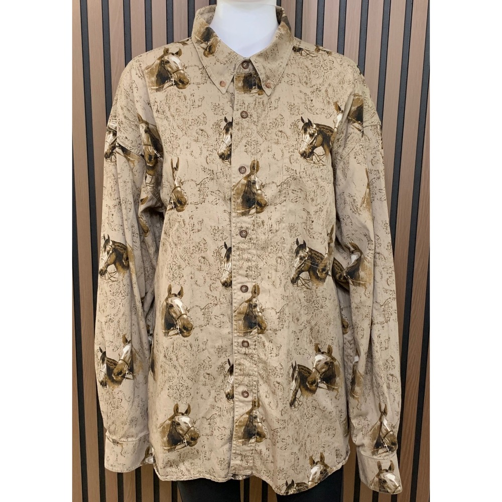 Bit & Bridle Outfitters Men's XL Horse Print Western Shirt Tan 100% Cotton